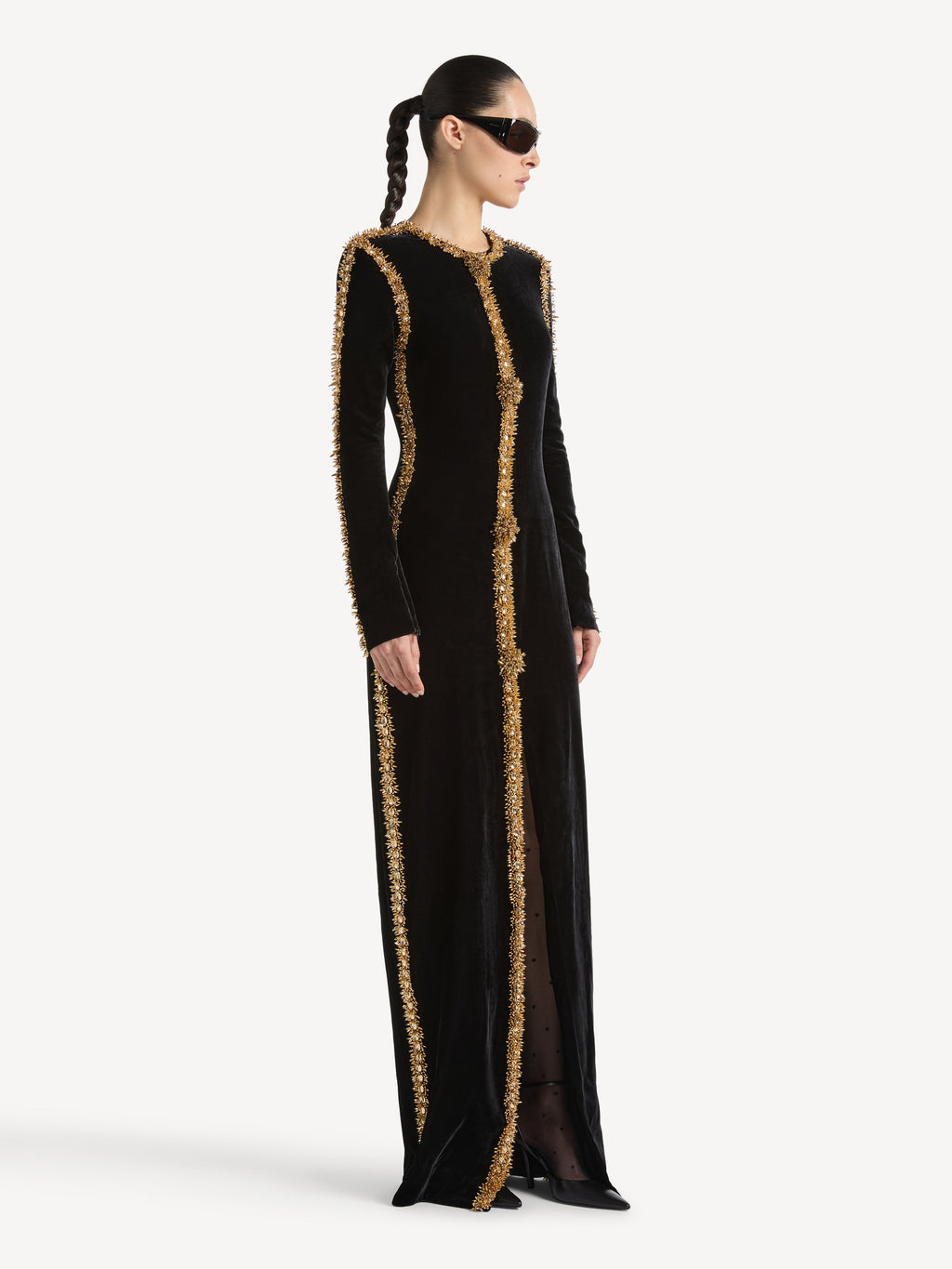 Robe longue à galon brodé en velours - Noir