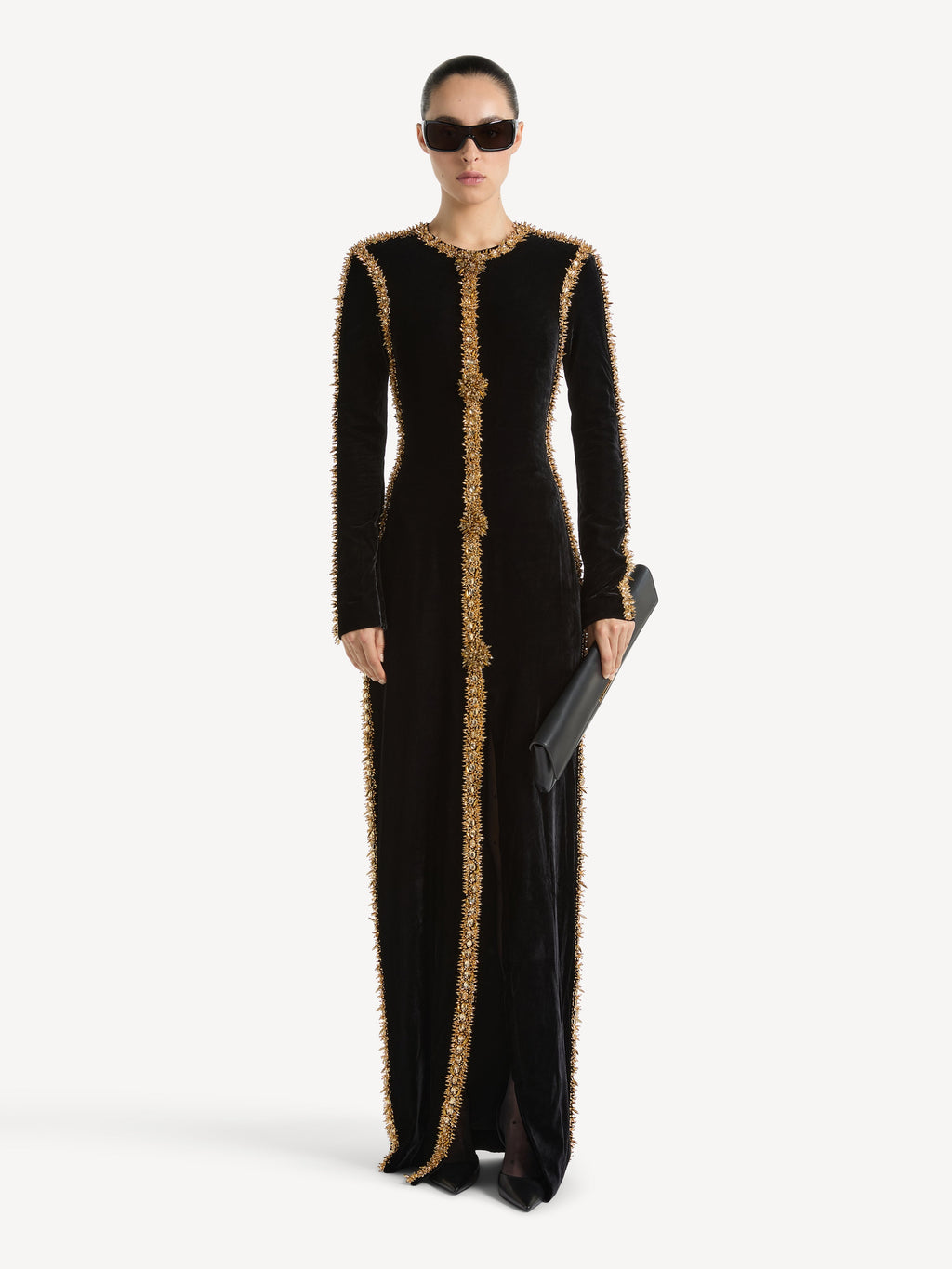 Robe longue à galon brodé en velours - Noir