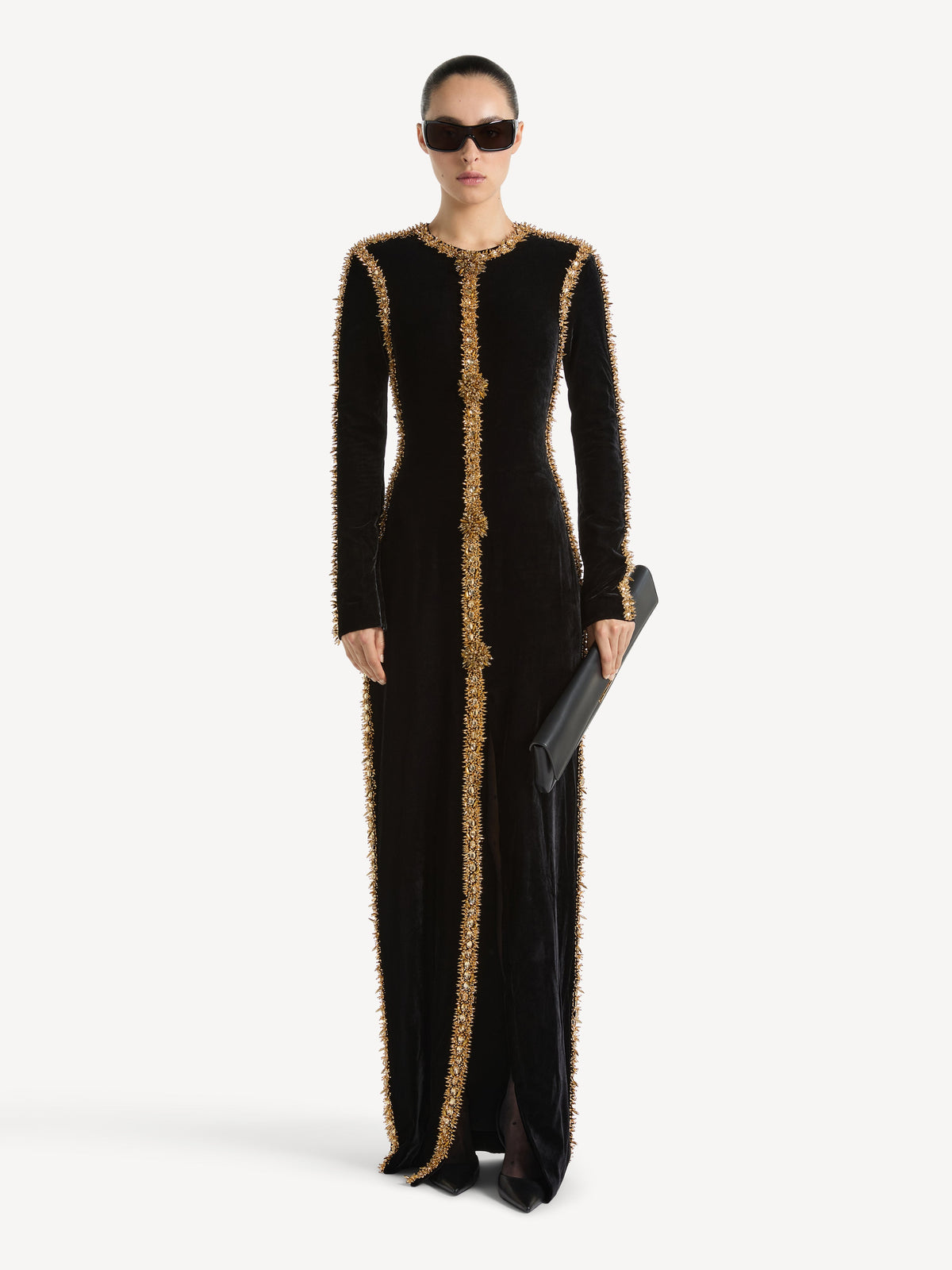Robe longue à galon brodé en velours - Noir