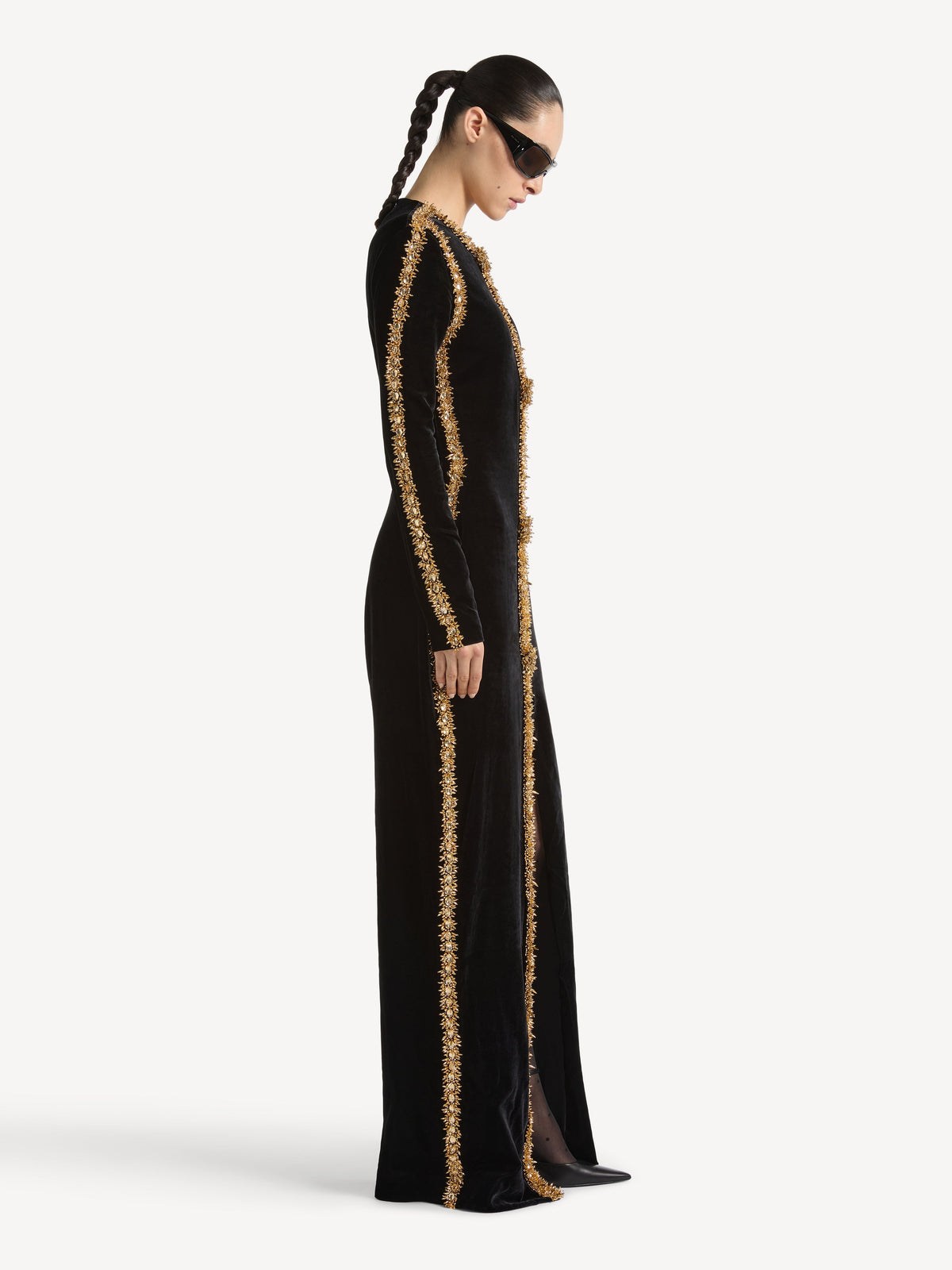 Robe longue à galon brodé en velours - Noir