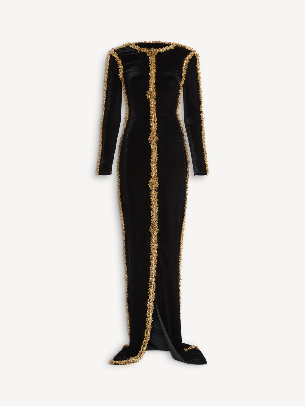 Robe longue à galon brodé en velours - Noir