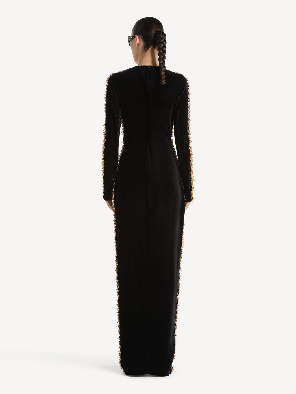 Robe longue à galon brodé en velours - Noir