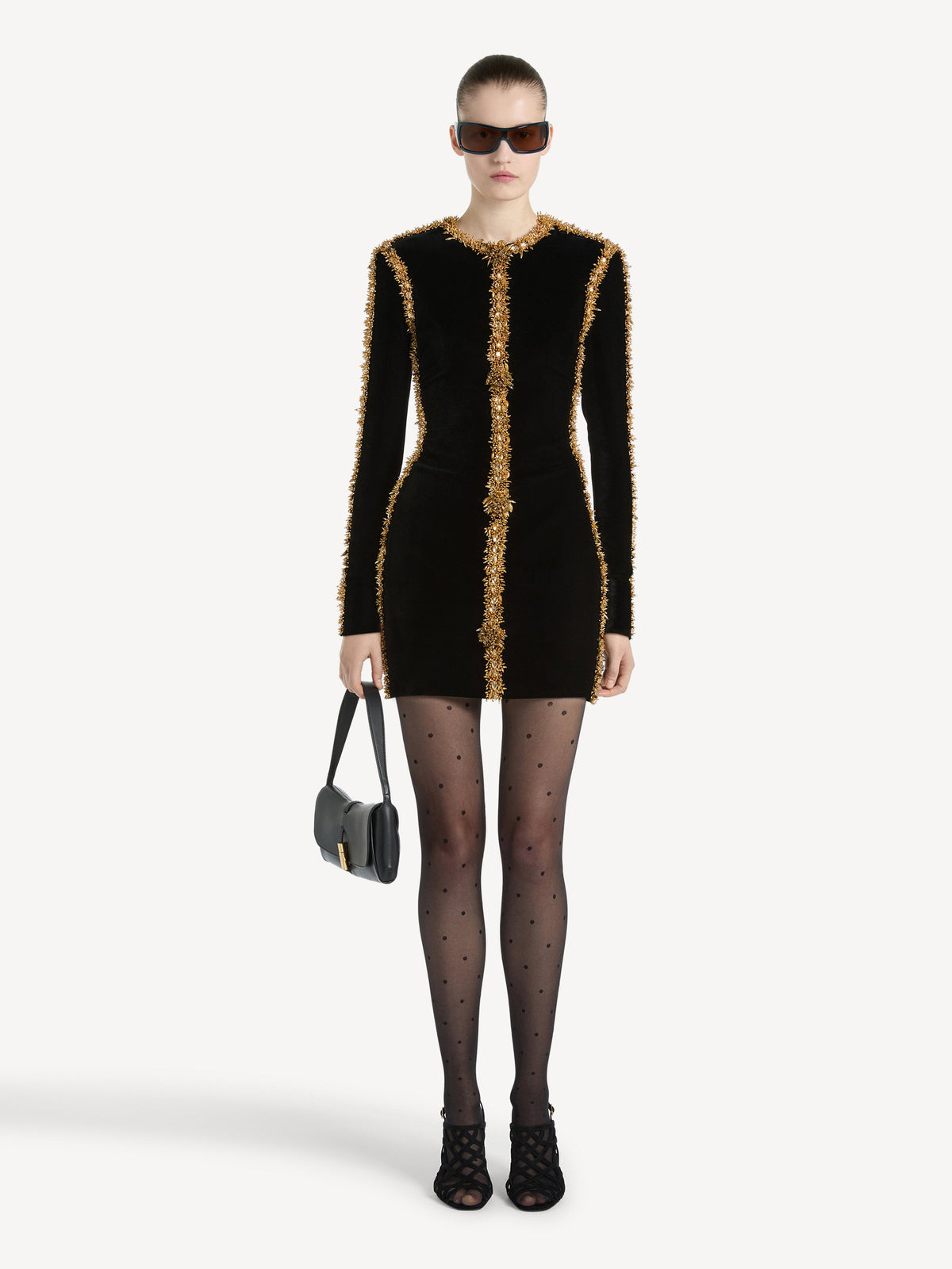 Robe à galon brodé en velours - Noir