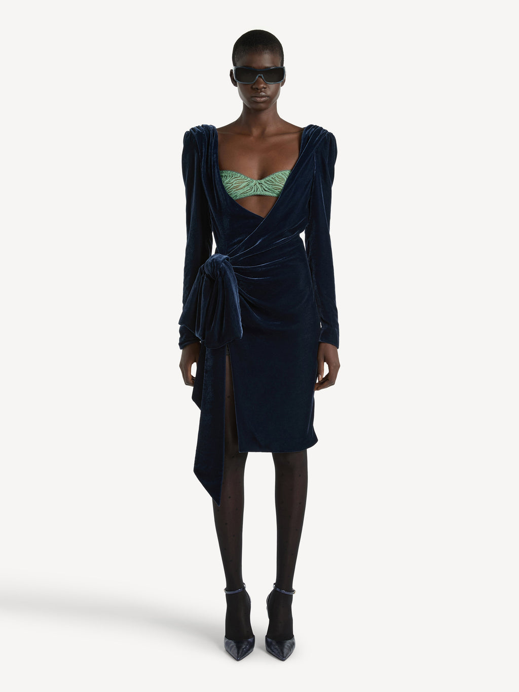 Robe nouée en velours avec brassière en dentelle - Bleu