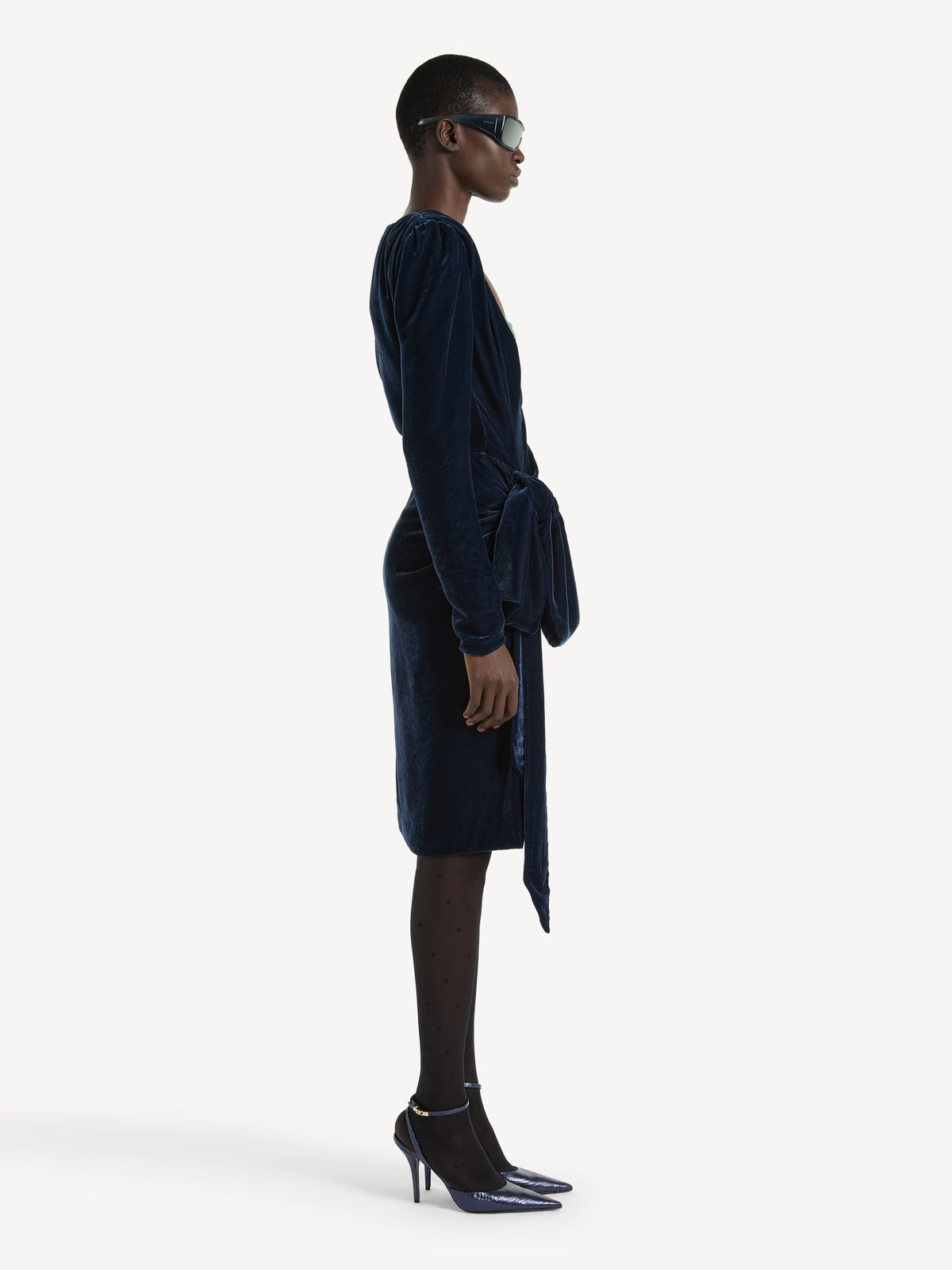 Robe nouée en velours avec brassière en dentelle - Bleu