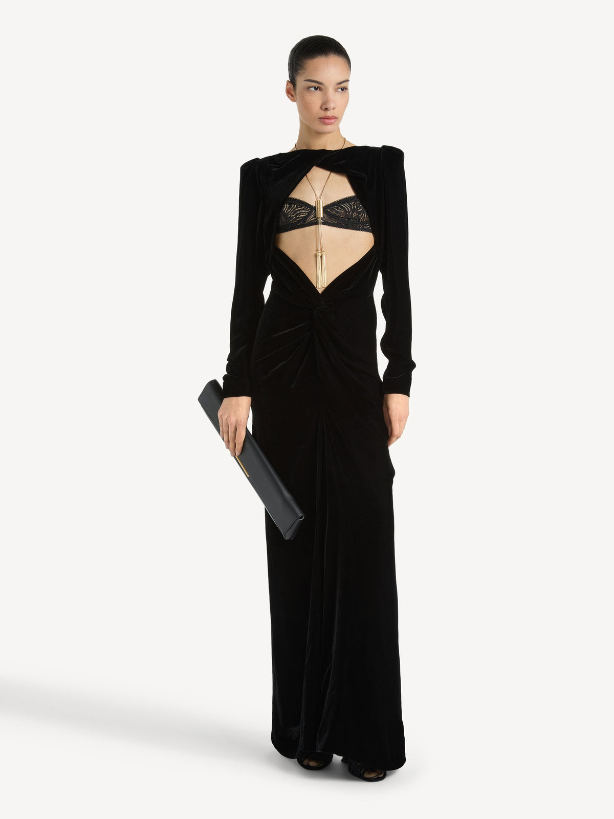 Robe longue en velours et dentelle - Noir