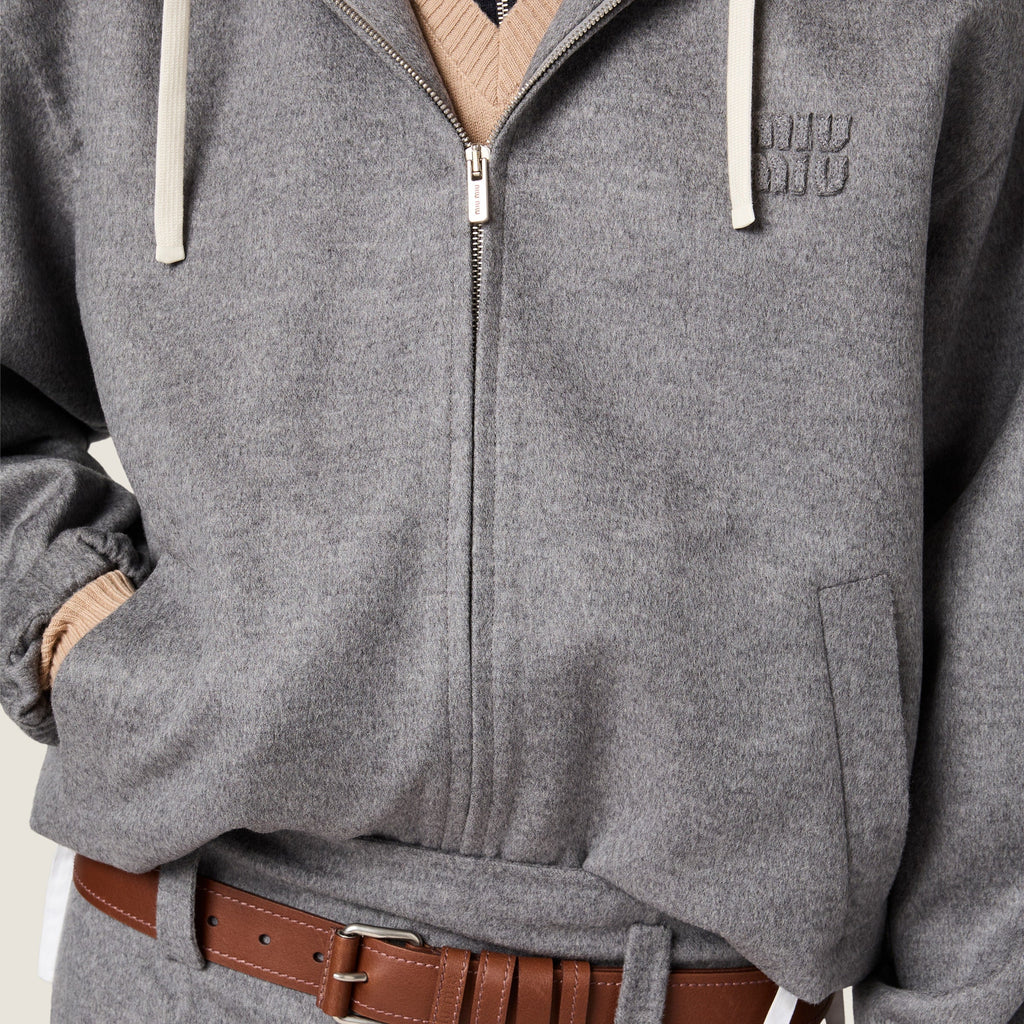 Veste à capuche en double cachemire et laine - Gris
