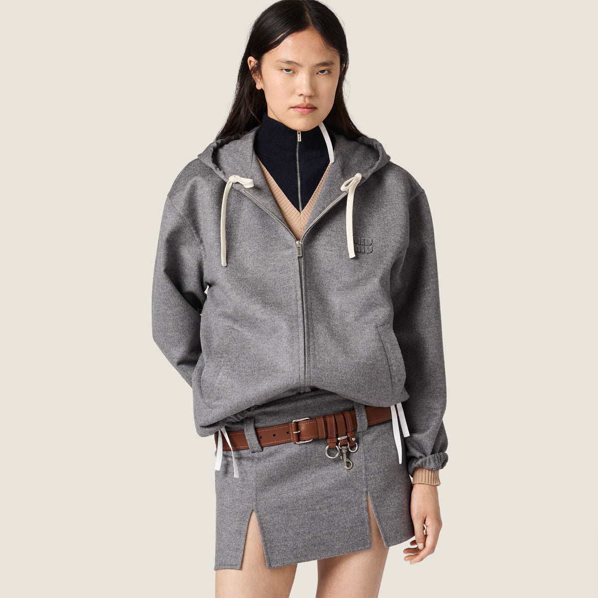 Veste à capuche en double cachemire et laine - Gris