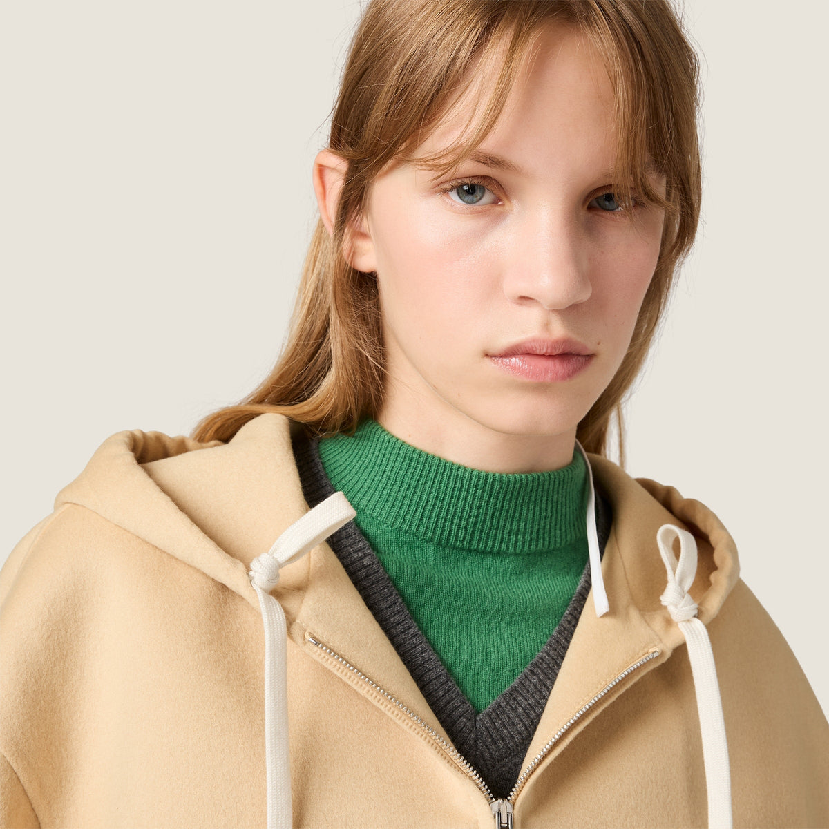 Veste à capuche en double cachemire et laine - Vert Soja