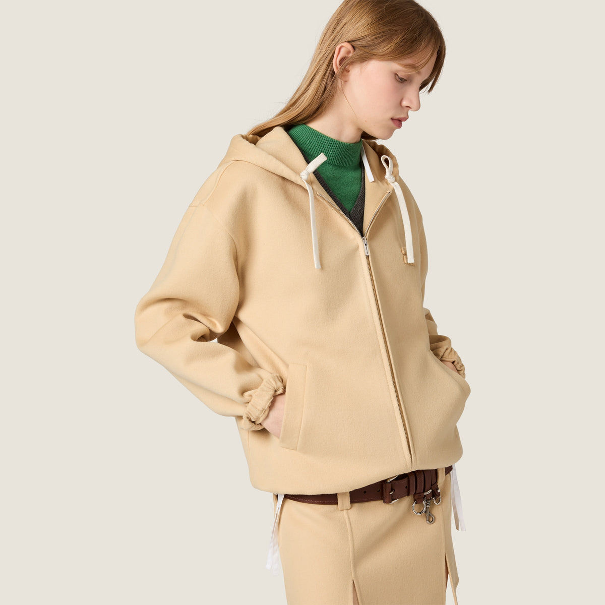 Veste à capuche en double cachemire et laine - Vert Soja