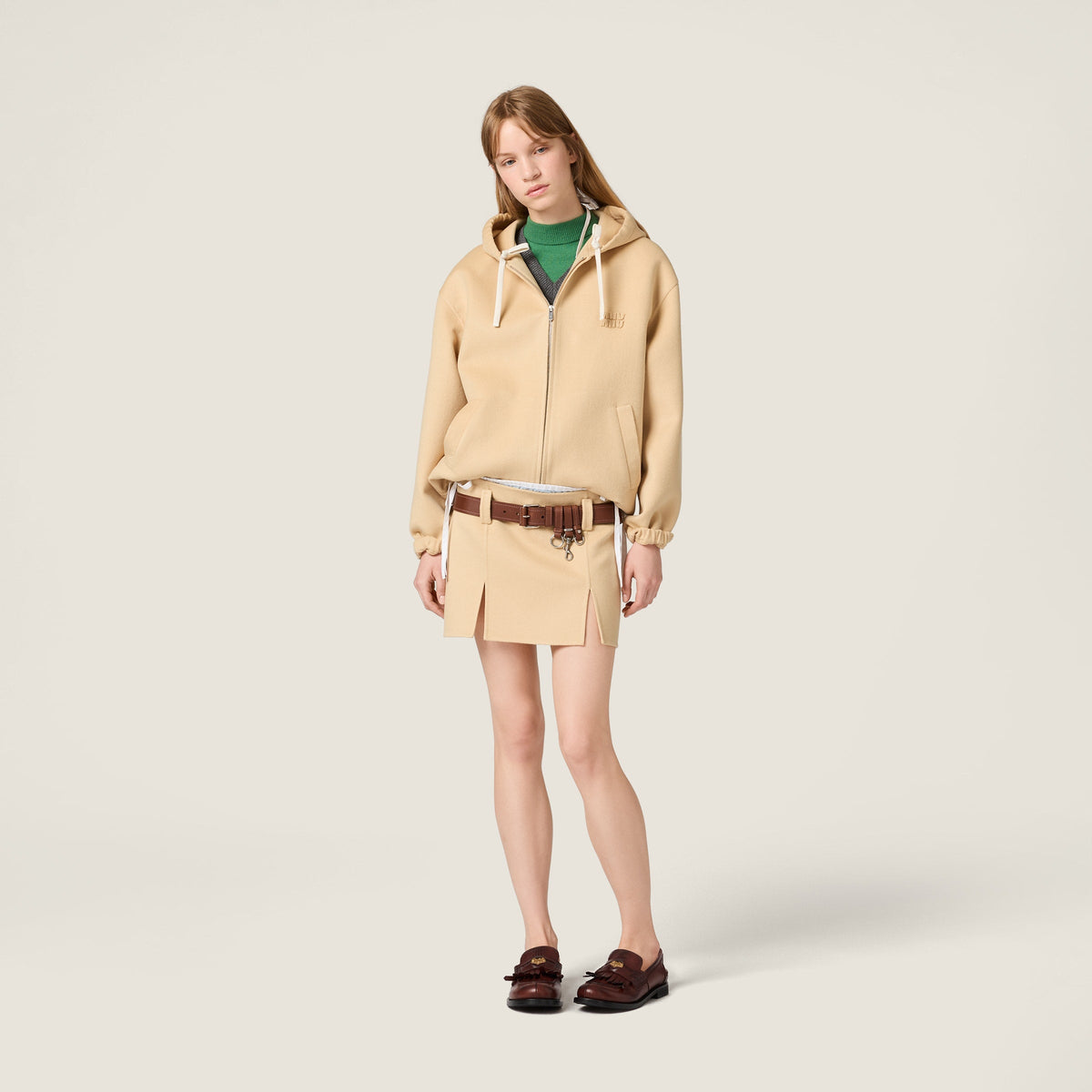 Veste à capuche en double cachemire et laine - Vert Soja