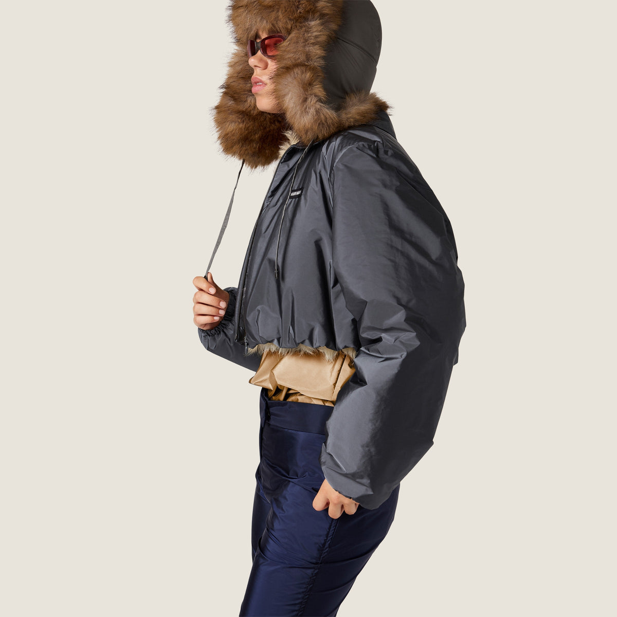 Blouson en tissu technique et shearling - Hématite