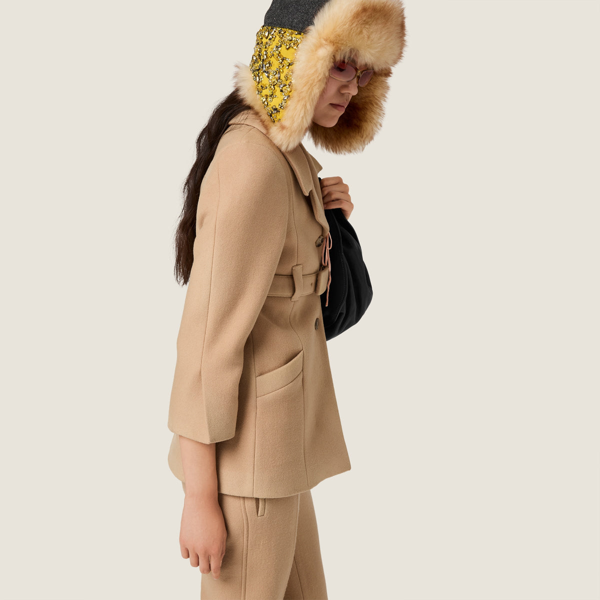 Manteau droit en laine double - Noisette