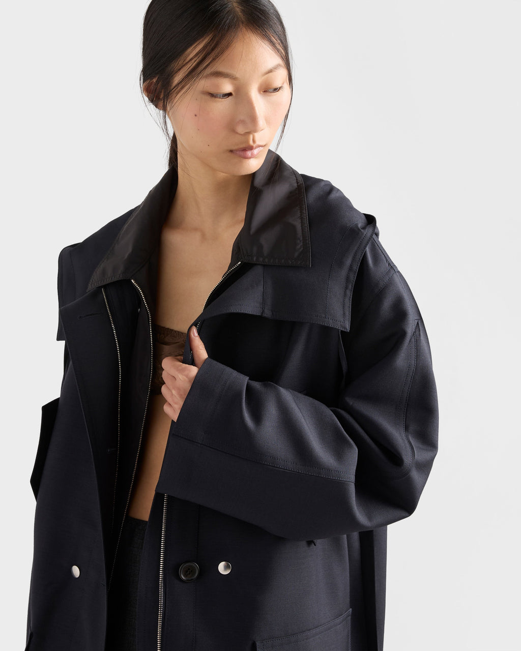 Manteau droit en mohair de chevreau et gabardine Re-Nylon - Bleu