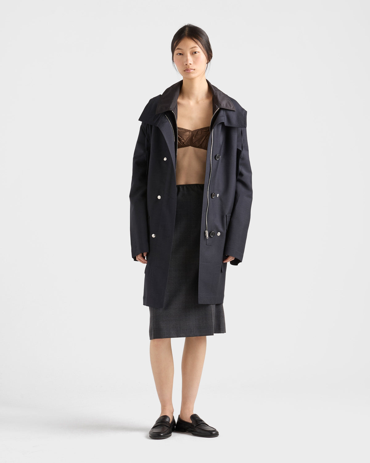 Manteau droit en mohair de chevreau et gabardine Re-Nylon - Bleu