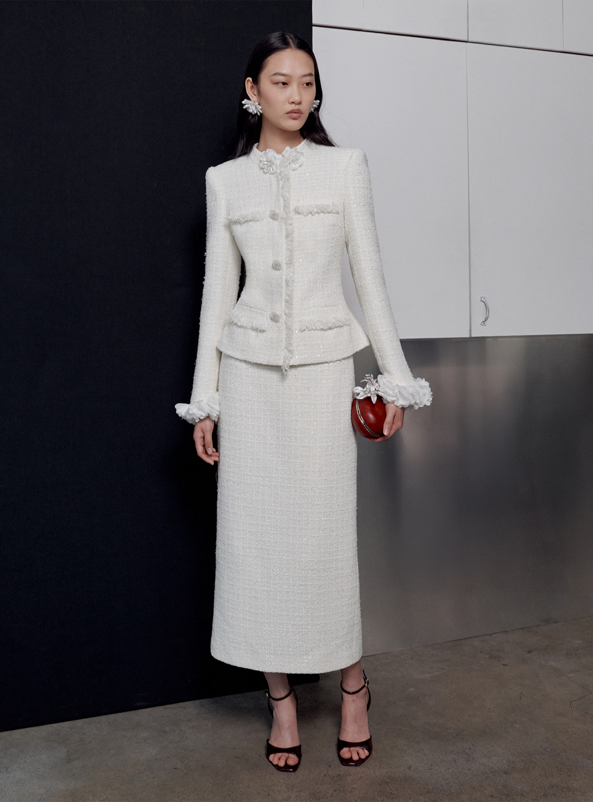 Robe mi-longue en bouclé à fleur Crème - Crème
