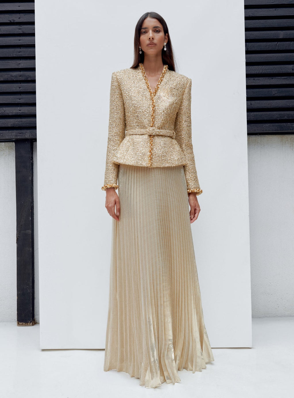 Robe longue plissée en bouclé Doré - Doré