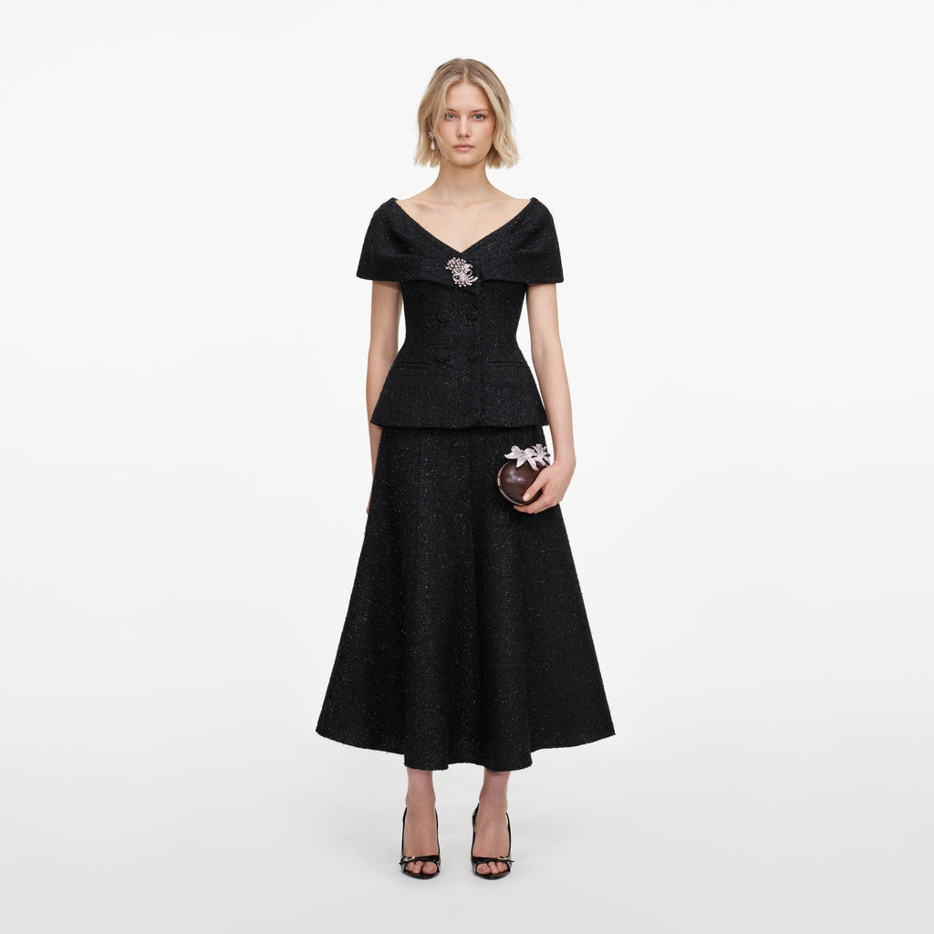 Robe mi-longue en bouclé lamé à broche Noir - Noir