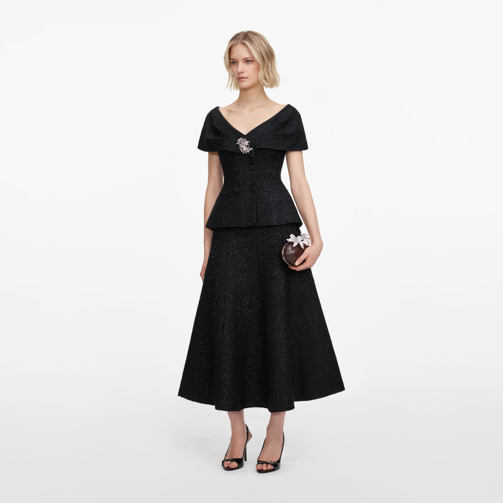 Robe mi-longue en bouclé lamé à broche Noir - Noir