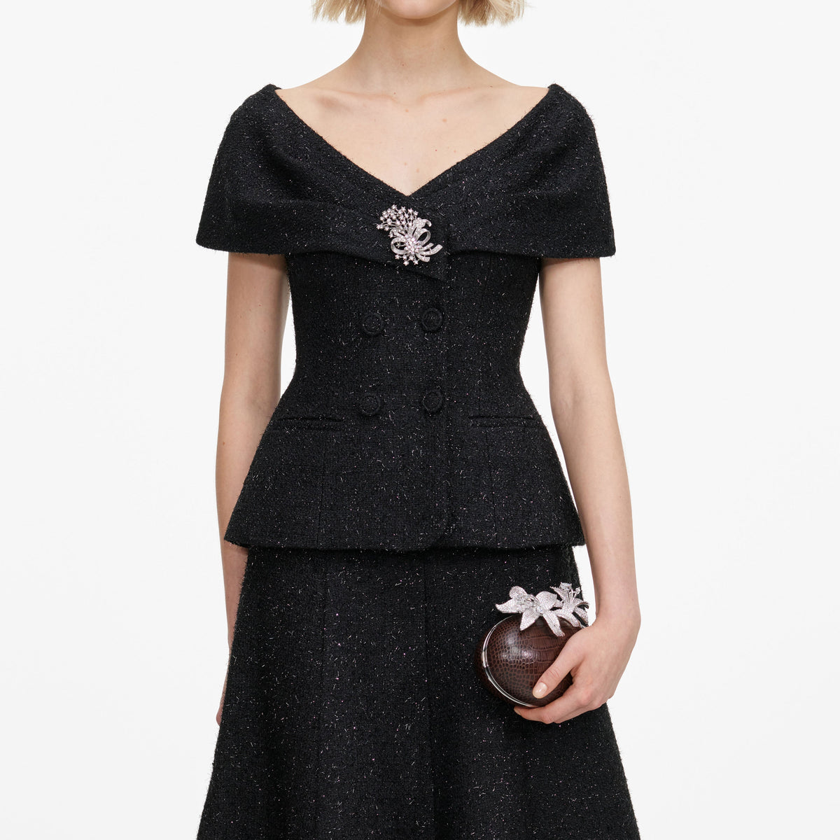 Robe mi-longue en bouclé lamé à broche Noir - Noir