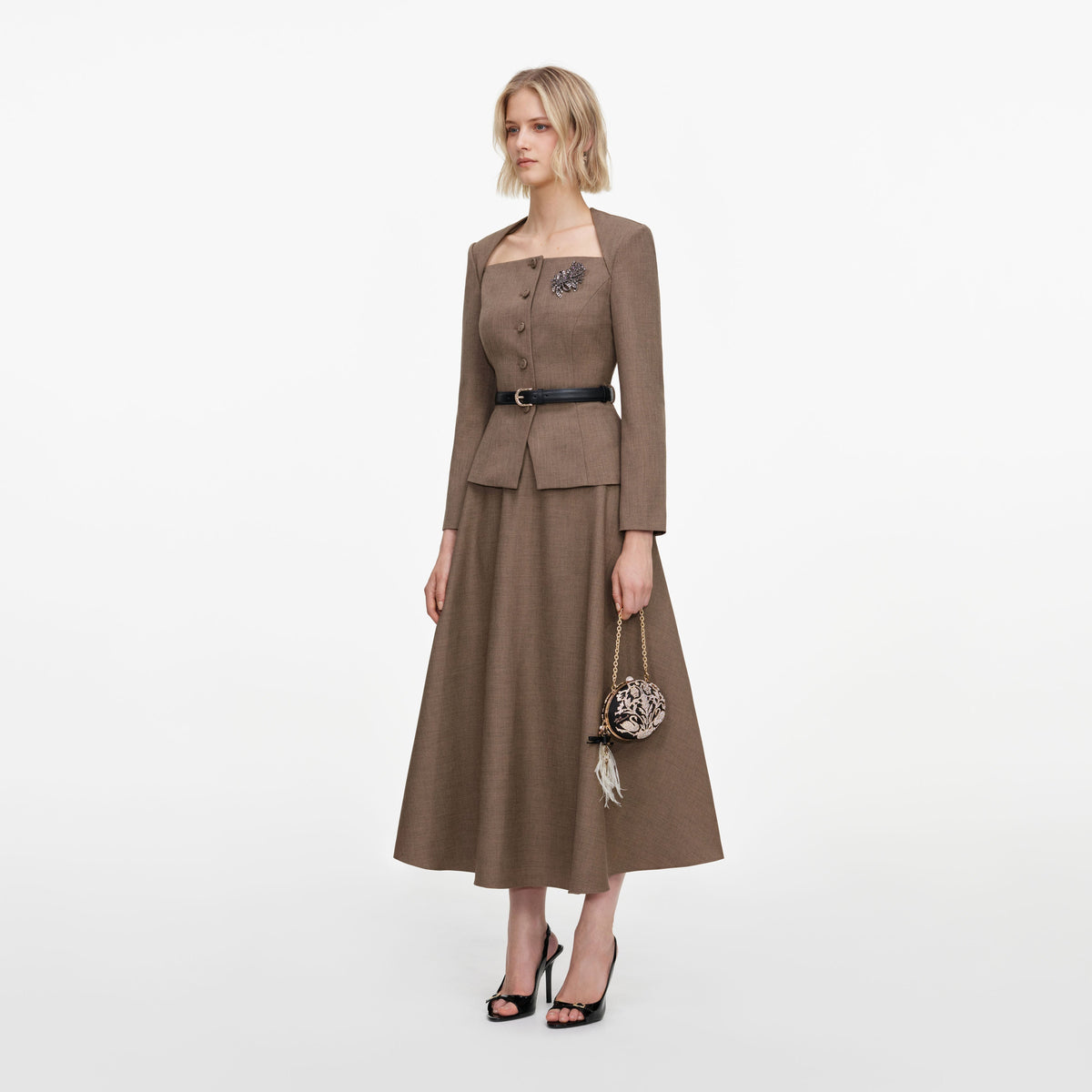 Robe mi-longue en twill ajustée Marron - Marron