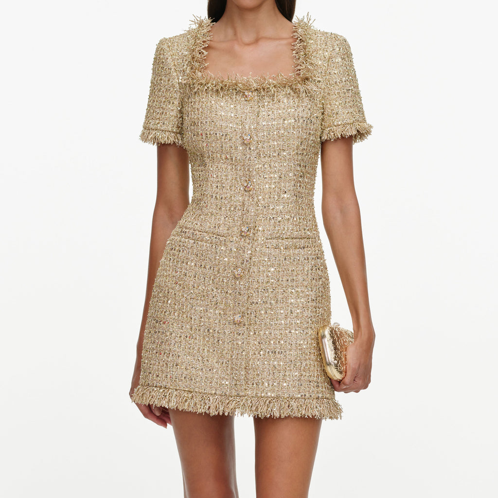 Robe courte en bouclé à sequins Doré - Doré