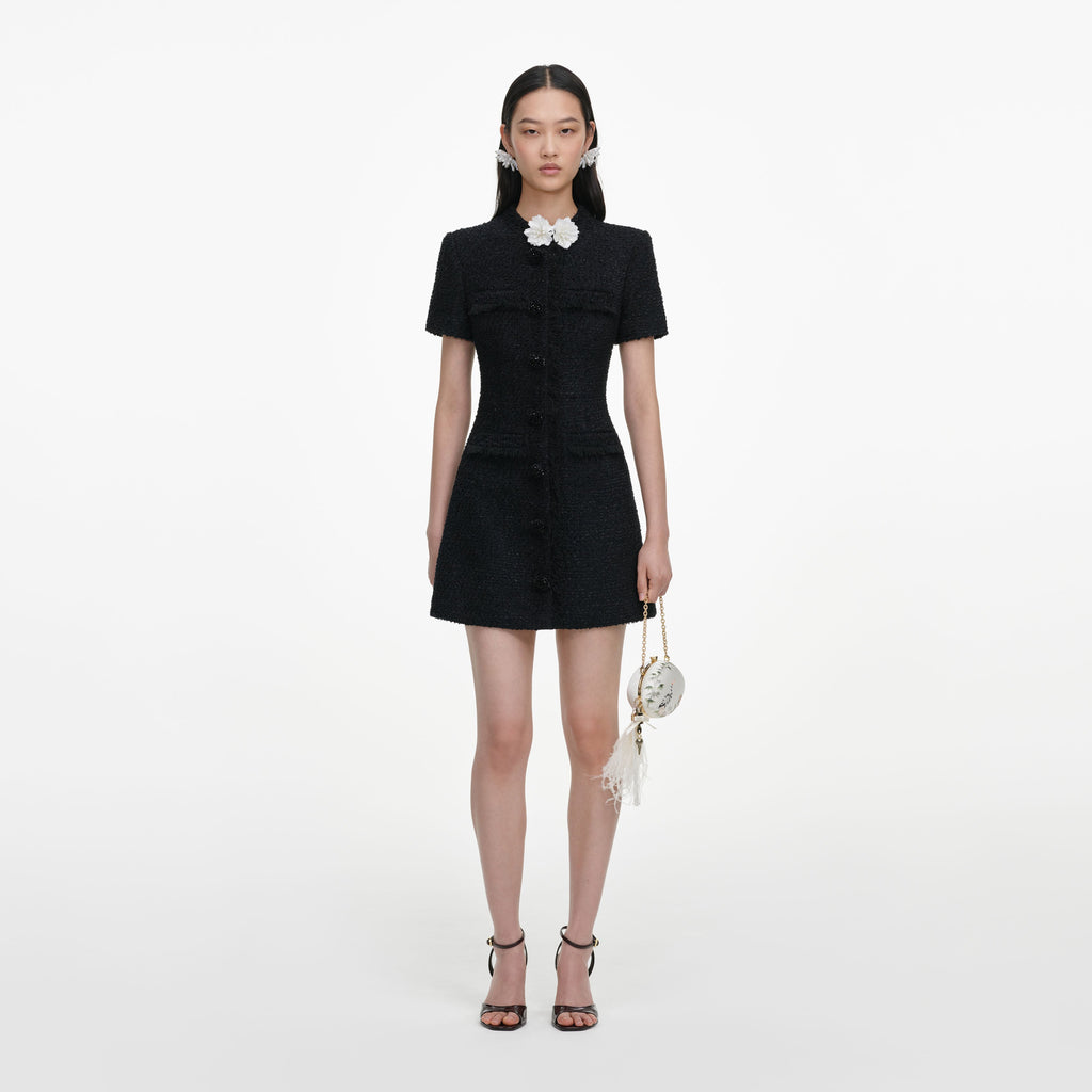 Robe courte en bouclé à fleur Noir - Noir