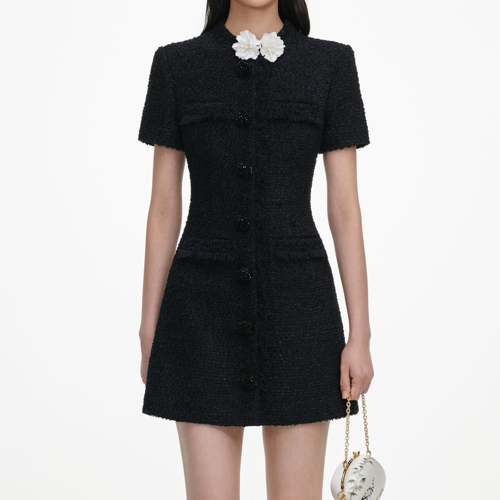 Robe courte en bouclé à fleur Noir - Noir