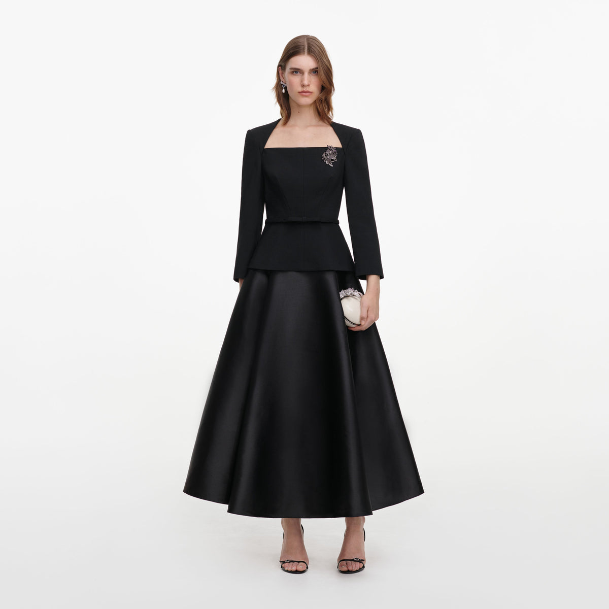 Robe mi-longue en taffetas à broche Noir - Noir