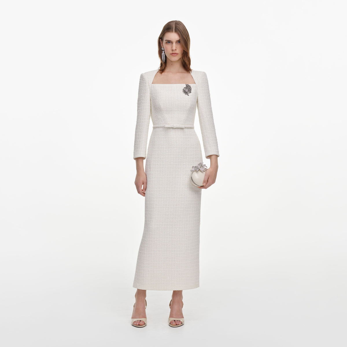 Robe mi-longue en bouclé ajustée à broche Crème - Crème