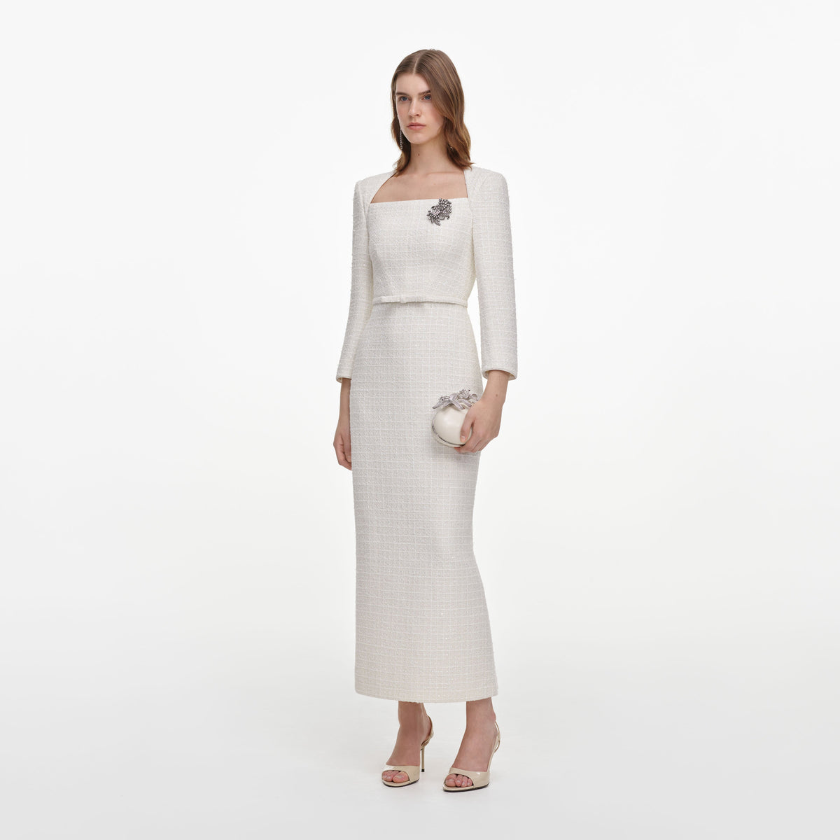 Robe mi-longue en bouclé ajustée à broche Crème - Crème