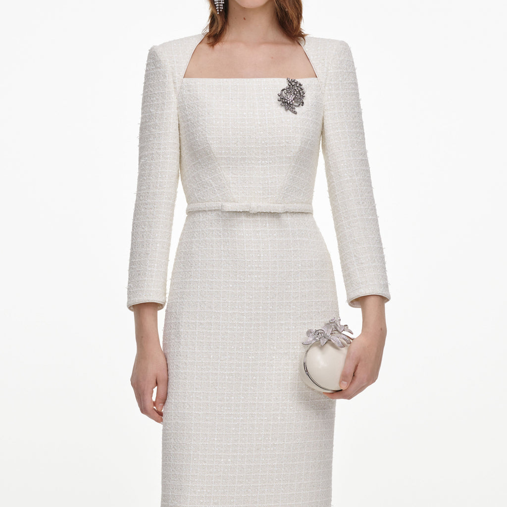 Robe mi-longue en bouclé ajustée à broche Crème - Crème