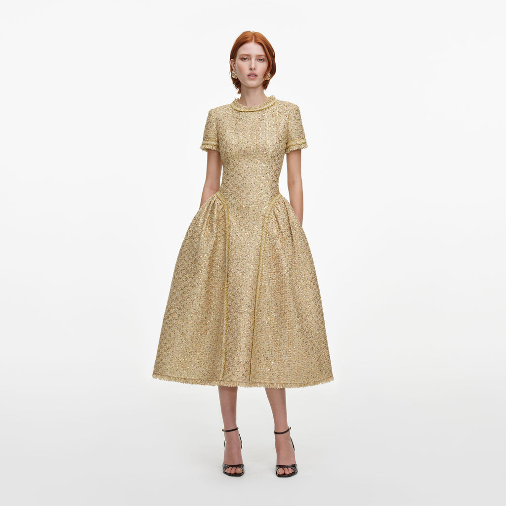 Robe mi-longue en bouclé à sequins Doré - Doré