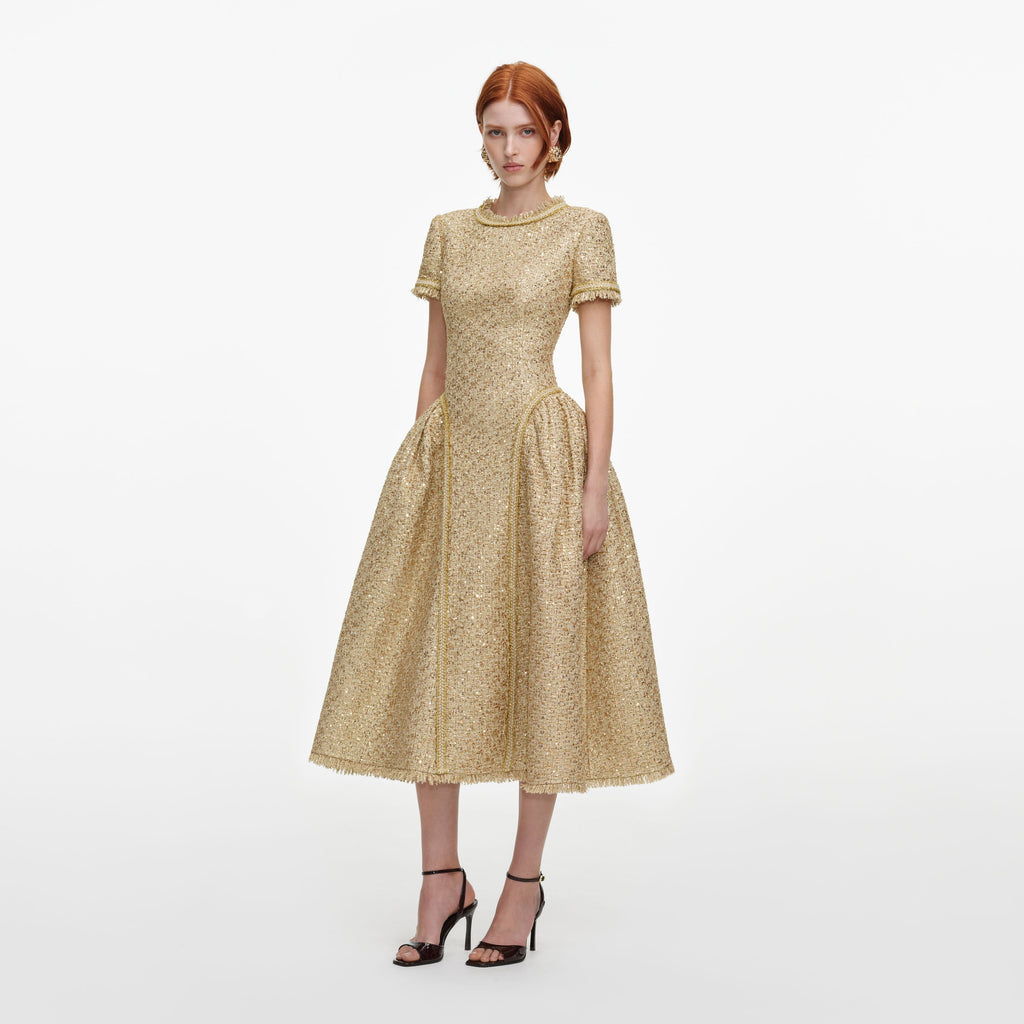 Robe mi-longue en bouclé à sequins Doré - Doré