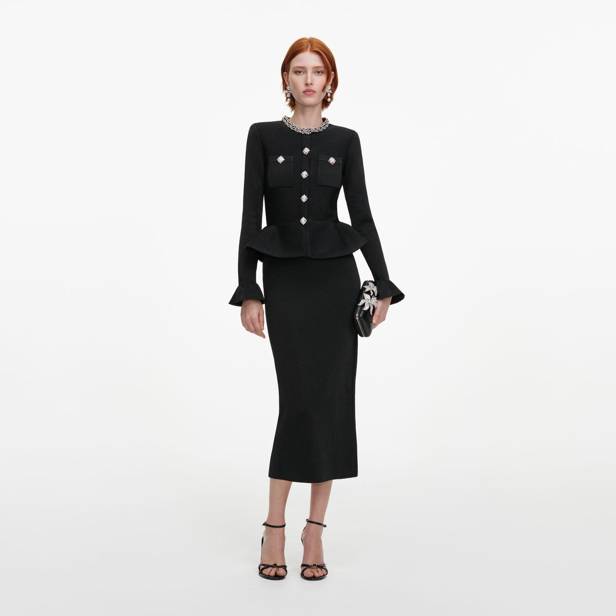 Robe mi-longue en maille à bordure de cristaux Noir - Noir