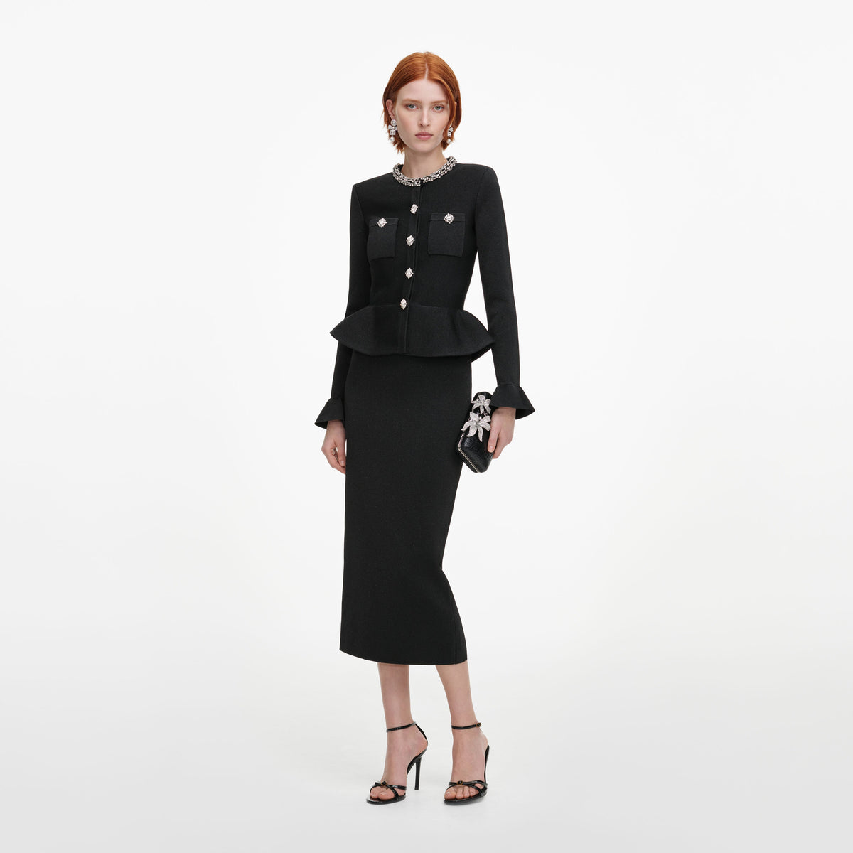 Robe mi-longue en maille à bordure de cristaux Noir - Noir
