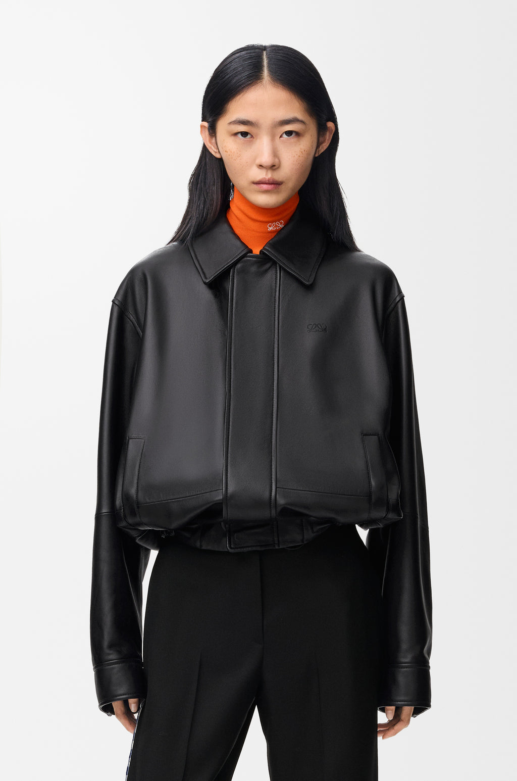 Veste à coulisse en cuir d'agneau nappa - Noir