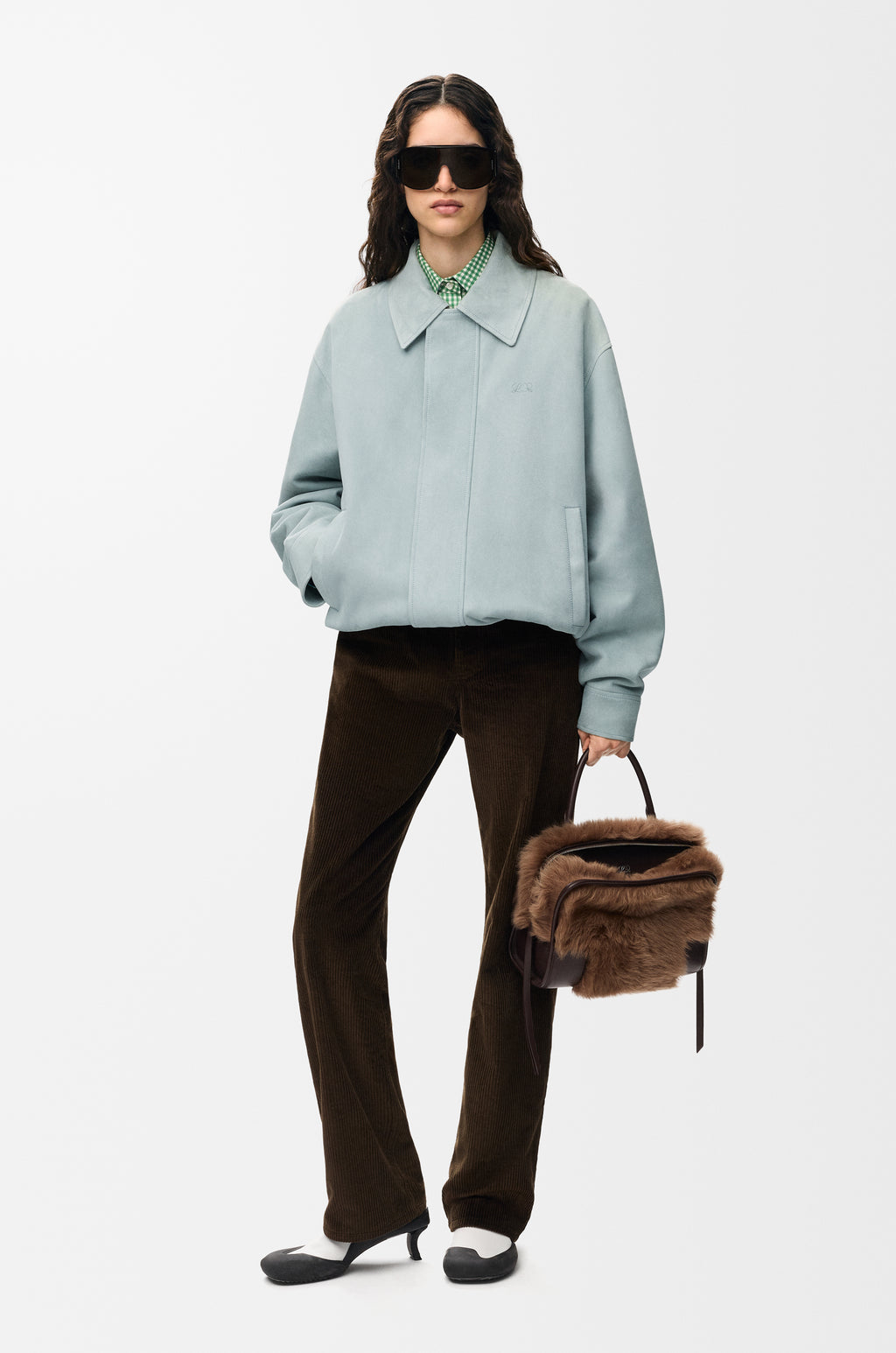 Veste à coulisse en agneau velours - Bleu gris