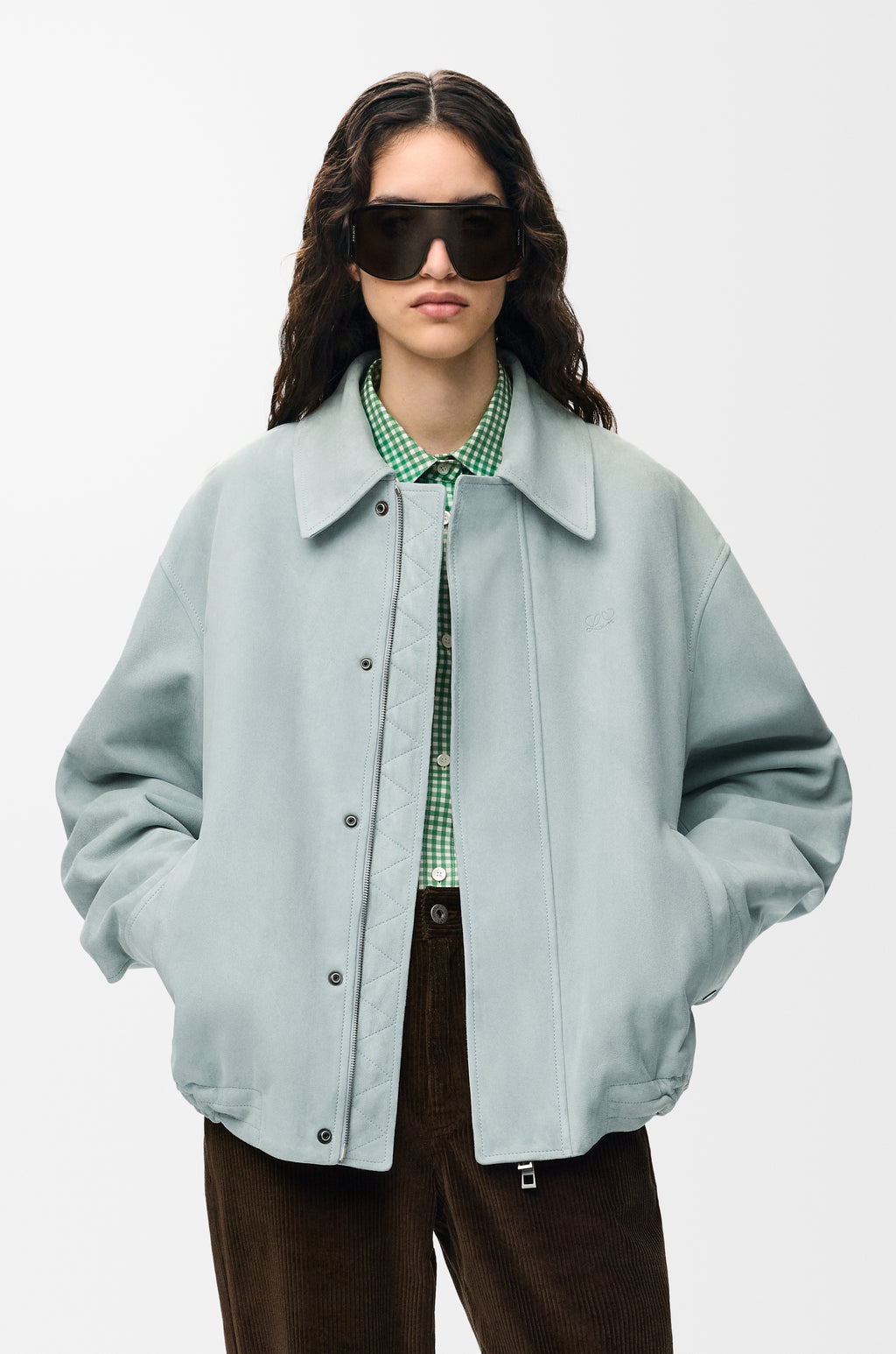 Veste à coulisse en agneau velours - Bleu gris