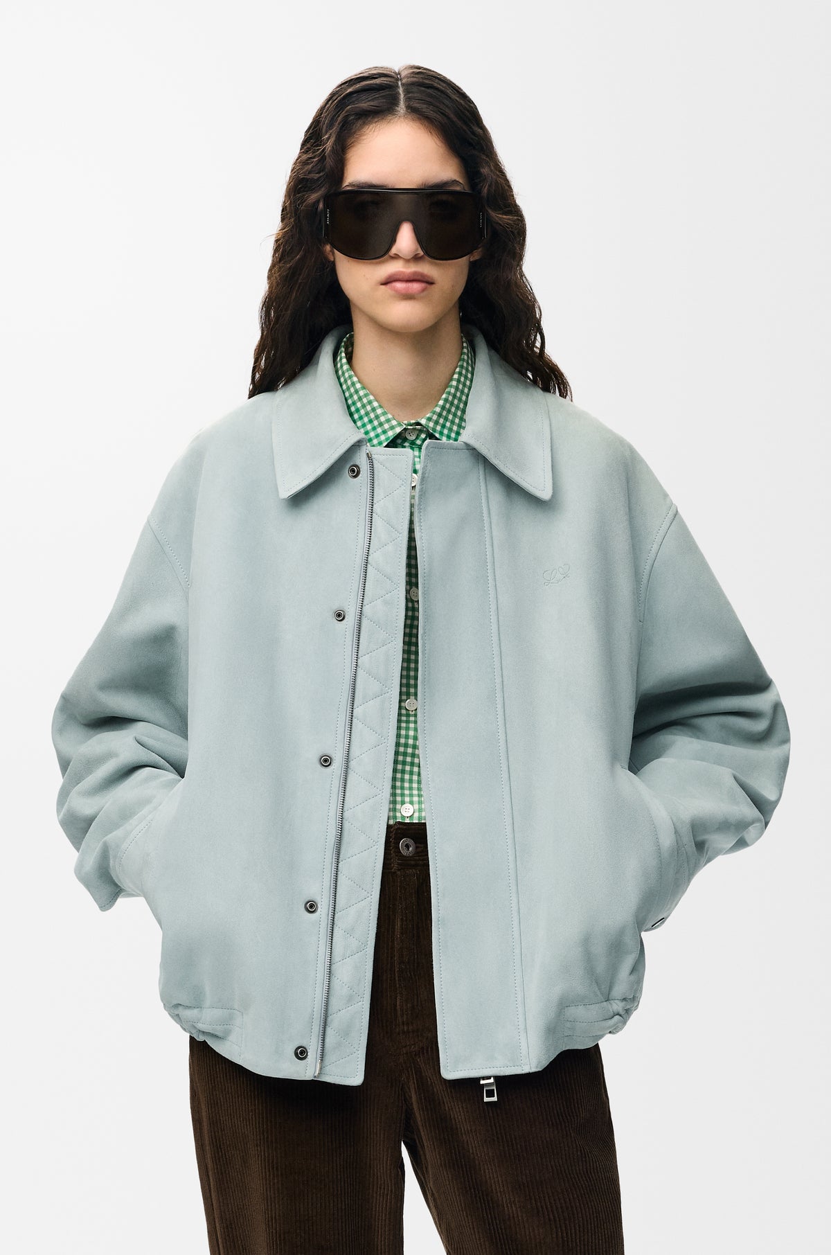 Veste à coulisse en agneau velours - Bleu gris