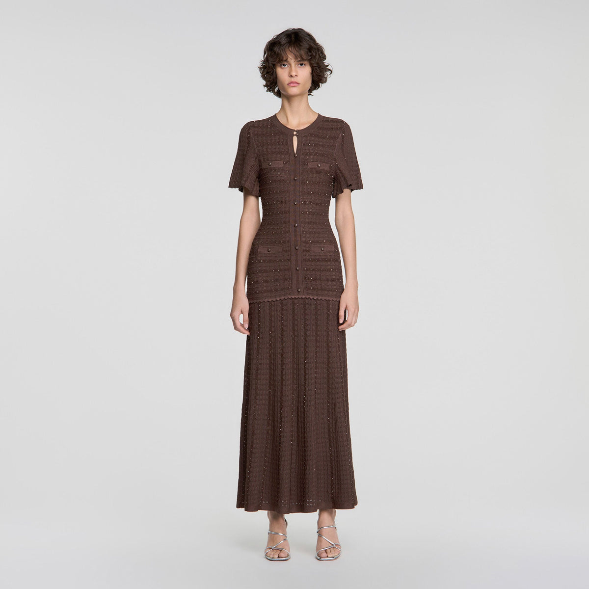 Robe longue maille strassée - Marron