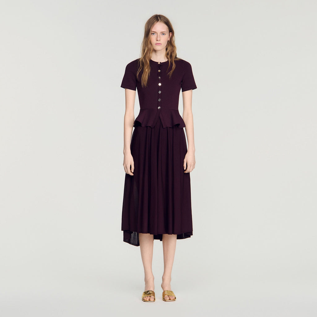 Robe longue en maille à basque - Bordeaux