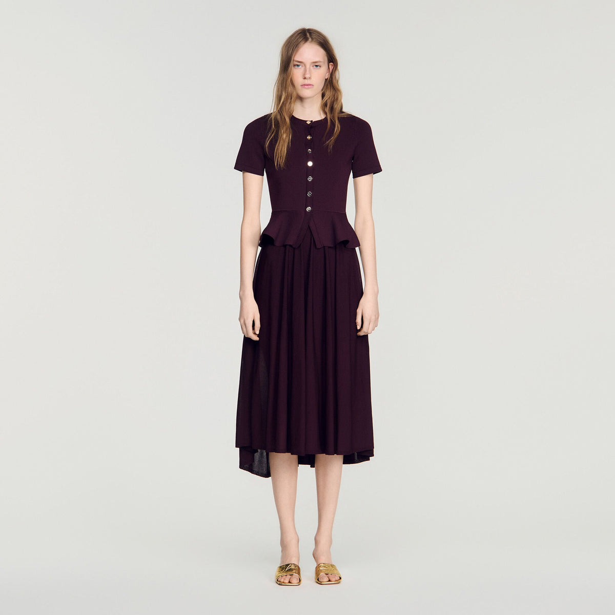Robe longue en maille à basque - Bordeaux