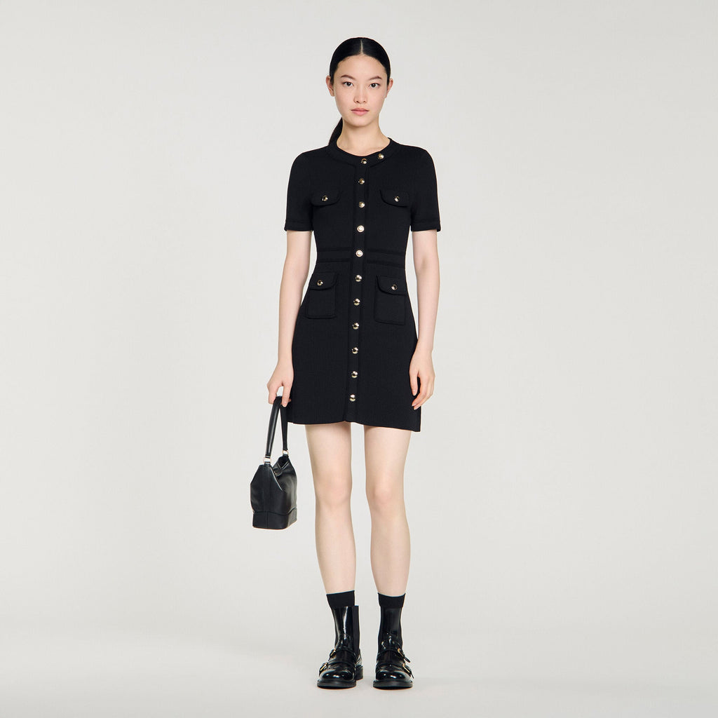 Robe courte en maille boutonnée - Noir
