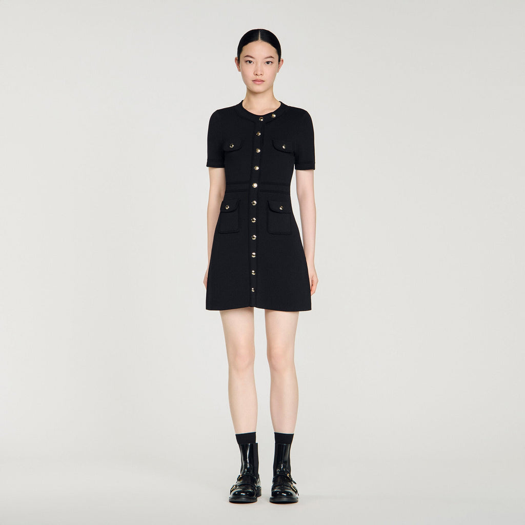 Robe courte en maille boutonnée - Noir