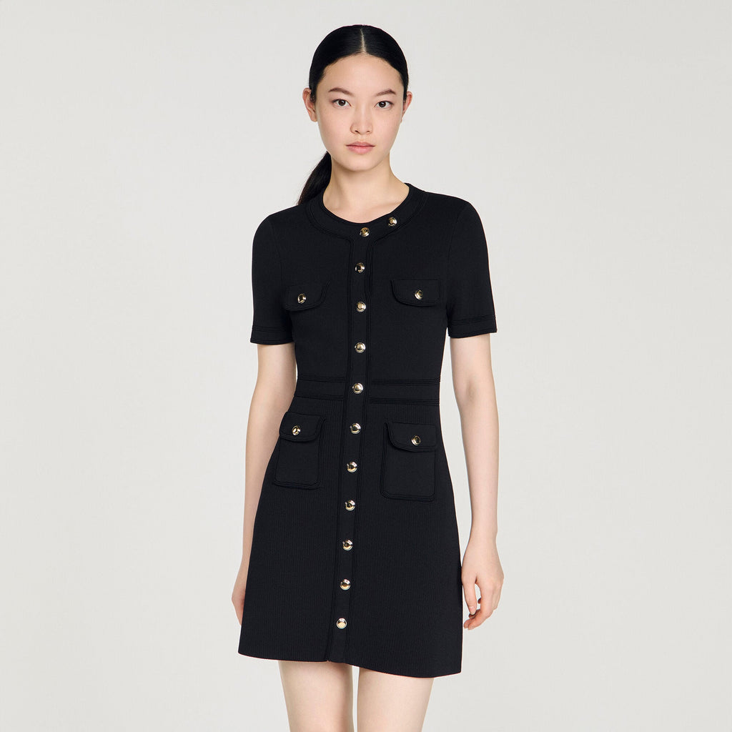 Robe courte en maille boutonnée - Noir