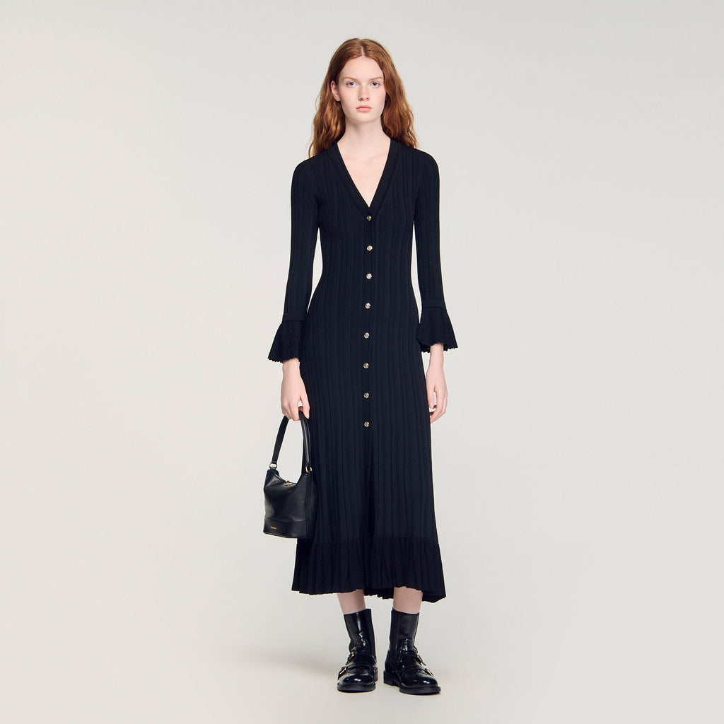 Robe longue en maille à volant - Noir