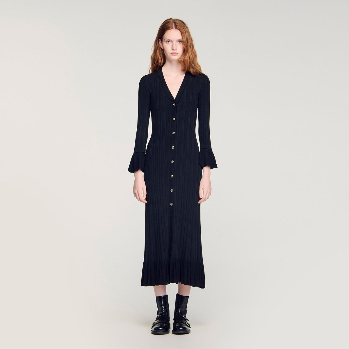 Robe longue en maille à volant - Noir