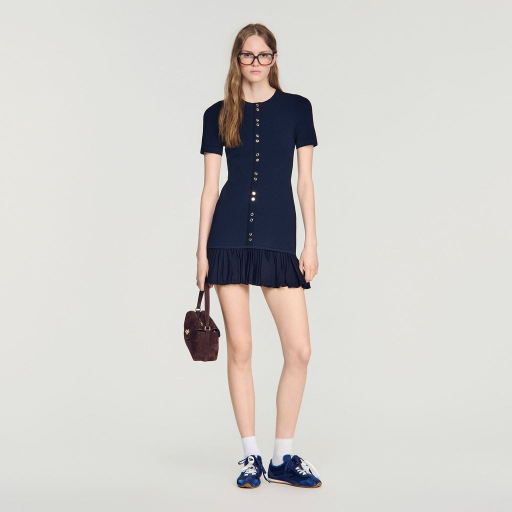 Robe courte en maille à volants - Bleu Nuit