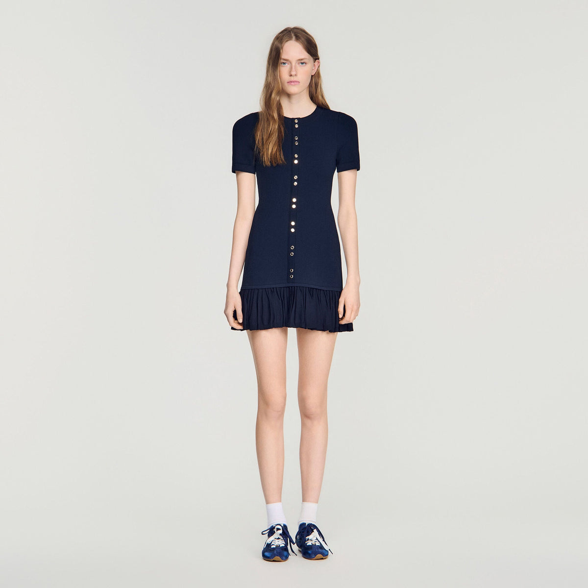 Robe courte en maille à volants - Bleu Nuit